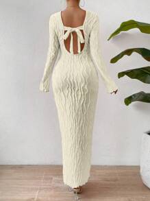 Rafferiza Đầm ôm body tay loe xẻ tà xẻ tà Maxi dành cho nữ - Màu be - Xem 2