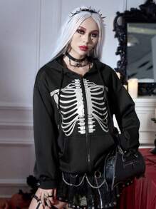 PUNK Halloween Reflective Skeleton Print Drop Shoulder Sweatshirt Pullover Fall Outfit