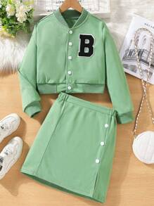SHEIN Garota pré-adolescente Letra Corrigida Botão Frontal Jaqueta & Saia