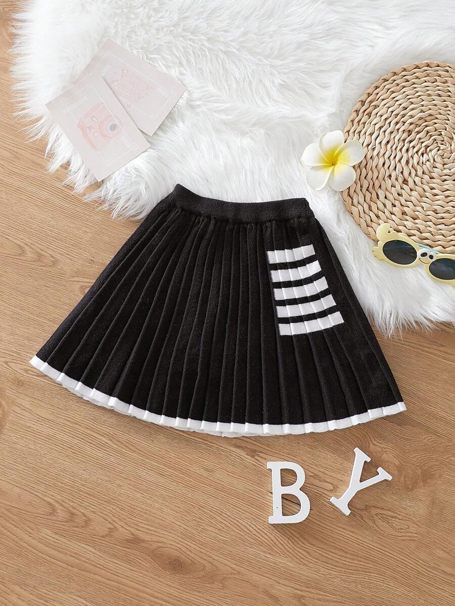 SHEIN Young Girl Striped Pattern Pleated Knit Skirt