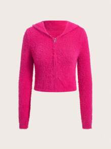 SHEIN EZwear Butterfly Pattern Hooded Fluffy Knit Cardigan - Hot Pink - View 2