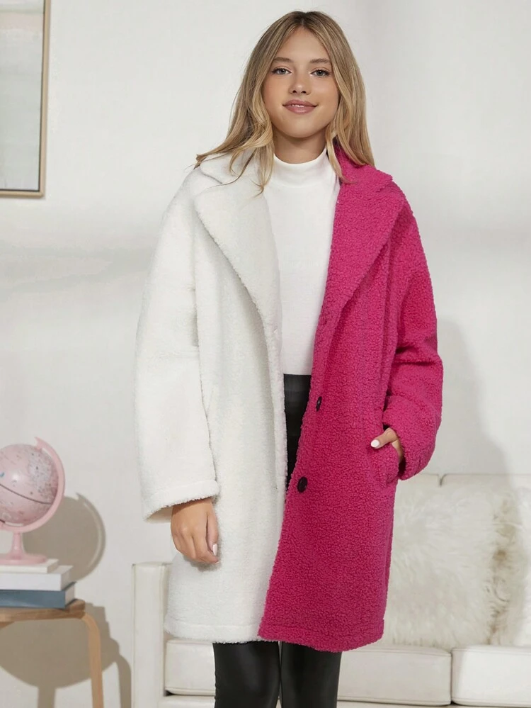 Abrigo teddy de niña adolescente con cuello de solapa y dos tonos