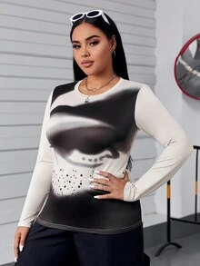 SHEIN EZwear Hơn In Đồ họa Áo thun - Màu be - Xem 5