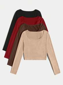 SHEIN Essnce 4pcs Scoop Neck Ribbed Knit Tee - Multicolor - View 3