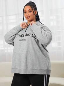SHEIN CURVE+ Plus Size Letter Graphic Drop Shoulder Quarter Zip Sweatshirt - Light Grey - View 1
