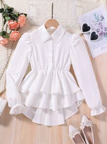 SHEIN Cô gái Tween tay áo lá sen Hem cao thấp Váy sơ mi - trắng - Xem 1