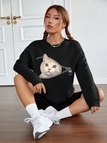 INAWLY Cat Print Drop Shoulder Sweatshirt - Black - View 3