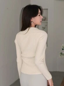 DAZY 扭結正面方領肋編針織毛衣 - 杏色 - 查看 2