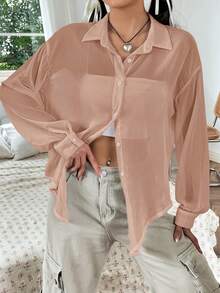 SHEIN EZwear Chất rắn Nút phía trước Thả vai Áo sơ mi - màu nâu - Xem 5