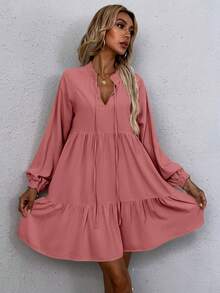 SHEIN LUNE 繫帶領燈籠袖娃娃裙 - 淺粉色 - 查看 5