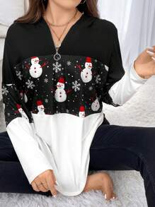 Calvaya Plus Size Christmas Snowman Print Half Zip Sweatshirt - Black and White - View 6
