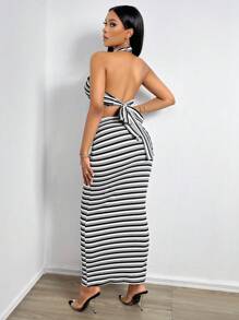 SHEIN Slayr Striped Print Crisscross Tie Backless Halter Top & Skirt - Black and White - View 2