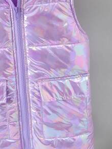 SHEIN 年轻女孩 1 件装翻盖口袋拉链连帽全息背心加厚外套 - 淡紫色 - 查看 5