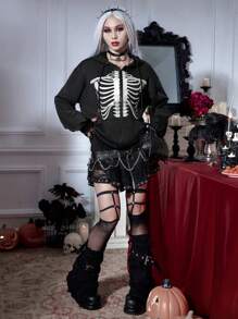 PUNK Halloween Reflective Skeleton Print Drop Shoulder Sweatshirt Pullover Fall Outfit