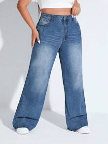 SHEIN EZwear Quần Denim kích thước lớn Nút Túi Dây kéo màu trơn - Rửa trung bình - Xem 4