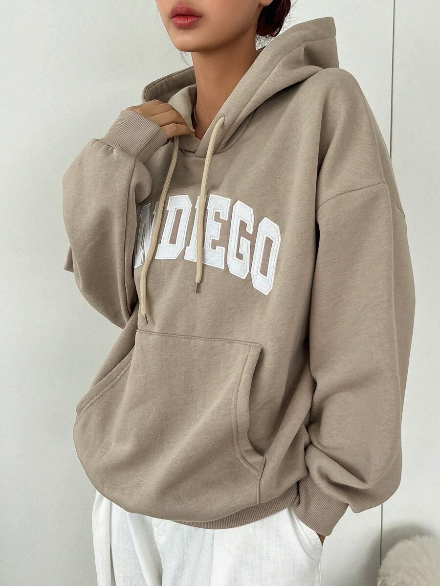 DAZY Thermal Lined Hooded Sweatshirt For Women, Casual Letter Print Pullover Hoodie, Autumn/Winter - Khaki - View 1