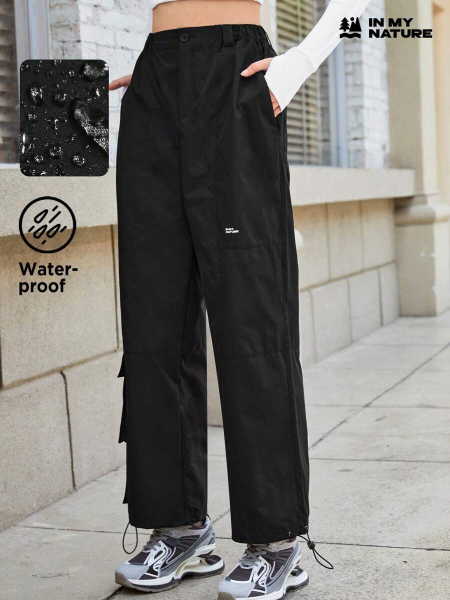 In My Nature Letter Patched Detail Flap Pocket Drawstring Hem Cargo Outdoor Pants - Black - View 1