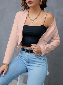 SHEIN Privé Blazer corto de trabajo con frente abierto para mujer en otoño/invierno - Rosa - Ver 3