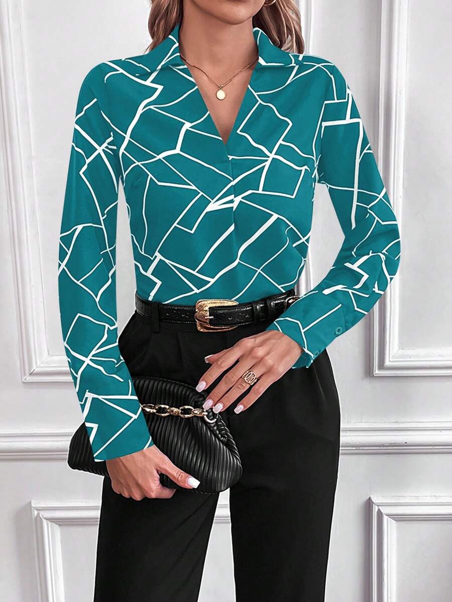 SHEIN Clasi 幾何圖案襯衫 - 霧霾藍 - 查看 1