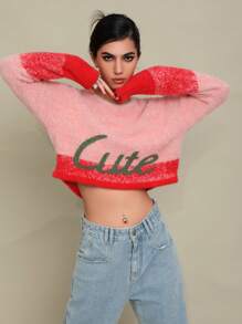 SHEIN EZwear Letter Pattern Drop Shoulder Crop Sweater - Pink - View 3