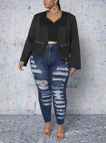 SHEIN CURVE+ Plus Zip Pocket Open Front Blazer - Black - View 4