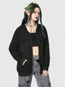 Mariexvx 蝙蝠與月亮印花落肩連帽衫 - 黑色 - 查看 5