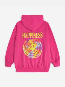 SHEIN EZwear 加大码卡通字母图案落肩拉链卫衣 - 玫紅色 - 查看 4