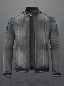 Manfinity Homme Chaqueta Vaquera Con Cremallera Para Hombre, Rapero Grunge De Fiesta Azul Liso De Oscuro