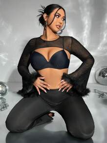 SHEIN ICON Plus Fuzzy Cuff Super Crop Top Without Bra - Black - View 1