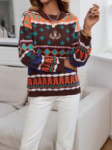 SHEIN LUNE Geo Pattern Drop Shoulder Sweater Knit Pullover Fall Winter Outfit - Multicolor - View 3