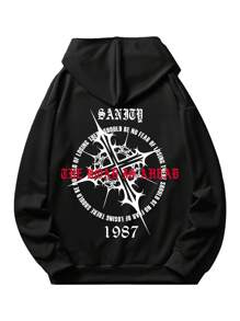 ROMWE MEN Goth Men Cross & Slogan Graphic Hoodie - Black - View 1