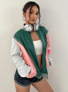 SHEIN Unity Áo khoác nhẹ có khóa kéo họa tiết tương phản thời trang thường ngày dành cho nữ, Xuân/Thu - Nhiều màu - Xem 5