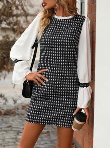 SHEIN Clasi 幾何印花喇叭袖洋裝 - 黑與白 - 查看 5