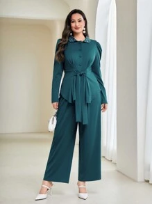 Modelyn Plus Puff Sleeve Knot Front Top & Wide Leg Pants - Blue - View 1