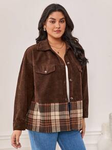 SHEIN Frenchy Chaqueta de pana con hombros caídos y panel de cuadros - Camel - Ver 8