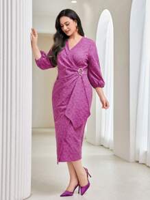 Modelyn Plus Lantern Sleeve Wrap Knot Side Dress Long Evening Dresses