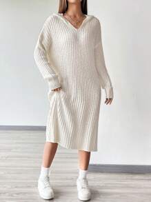 Flirla 落肩袖連帽毛衣洋裝 - 白色 - 查看 4