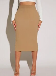 SHEIN SXY 素色高腰鉛筆裙 - 卡其色 - 查看 5