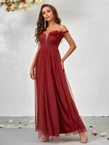 SHEIN Belle Vestido de dama de honor de hombros descubiertos ribete lanudo de muslo con abertura de malla - Color caoba - Ver 6