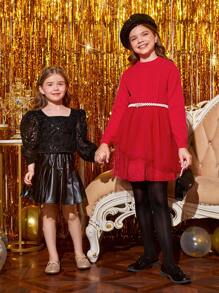 SHEIN Tween Girl Mesh Hem Sweater Dress - Red - View 9