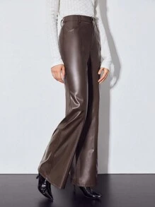 MOTF PREMIUM PU皮革喇叭褲 - 巧克力棕 - 查看 7