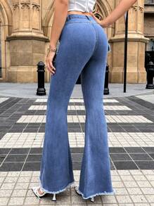 SHEIN ICON Raw Trim Buckle Front Flare Leg Jeans - Light Wash - View 3