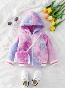SHEIN Baby Girl Tie Dye Bear Patched Striped Trim Hooded Teddy Jacket With Bag - Multicolor - View 1