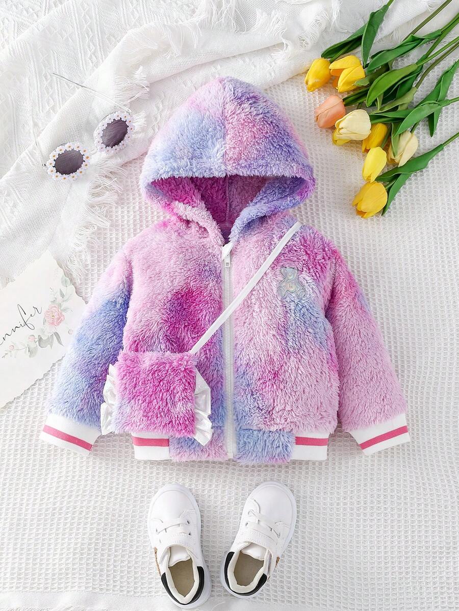 SHEIN Baby Girl Tie Dye Bear Patched Striped Trim Hooded Teddy Jacket With Bag - Multicolor - View 1