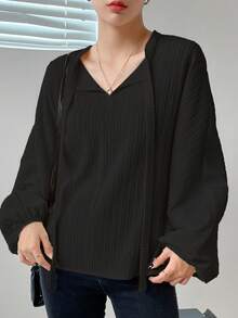 DAZY Solid Tie Neck Drop Shoulder Blouse - Black - View 3