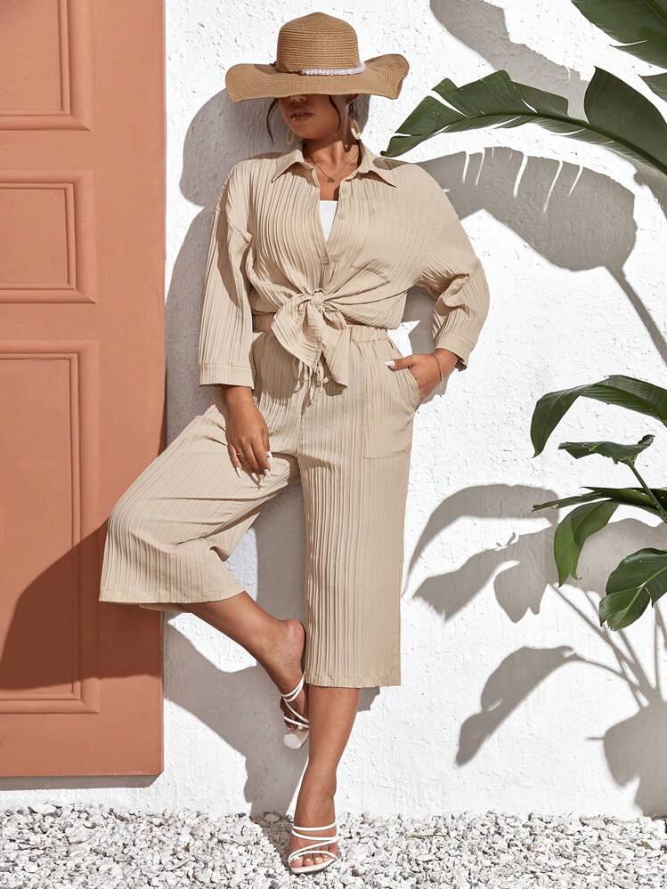 SHEIN Frenchy Plus Drop Shoulder Shirt & Tie Front Pants - Apricot - View 4