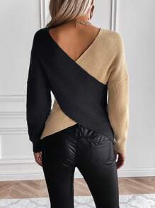 SHEIN Unity Two Tone Crossover Batwing Sleeve Sweater - Khaki - View 2