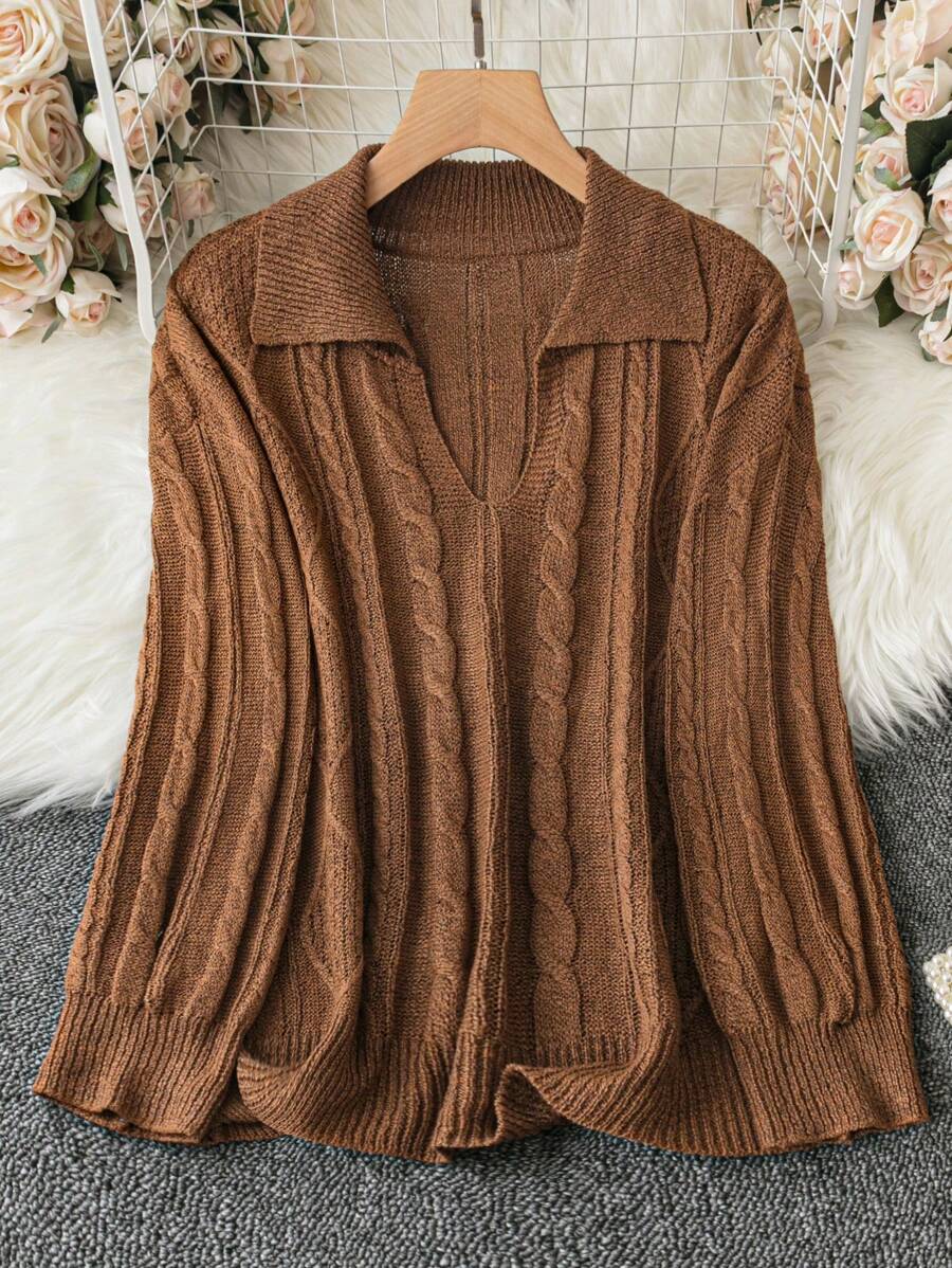 SHEIN LUNE 大碼麻花編織落肩袖套頭毛衣 - 棕色 - 查看 1