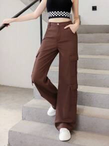 New Teenage Girls' Casual Fashionable Workwear Style Multi-Pocket Brown Washed Denim Straight Leg Pants, All Seasons
