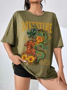SHEIN EZwear 龍和字母圖案落肩袖超大號T恤 - 軍綠色 - 查看 7